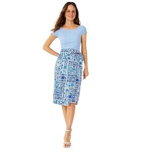 Ann Taylor Tile Wrap Pencil Skirt Blue White Midi 2 Petite